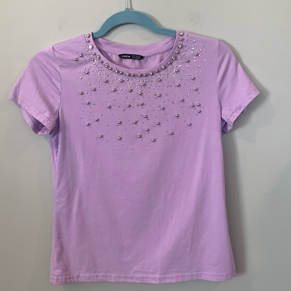 SHEIN Women’s XS Small Purple Beaded Embellished Purple Short Sleeve T-Shirt - Picture 1 of 5